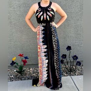 Tibi Bright Feather Print Black Silk Maxi Dress w Banded Halter Neck & Open Back